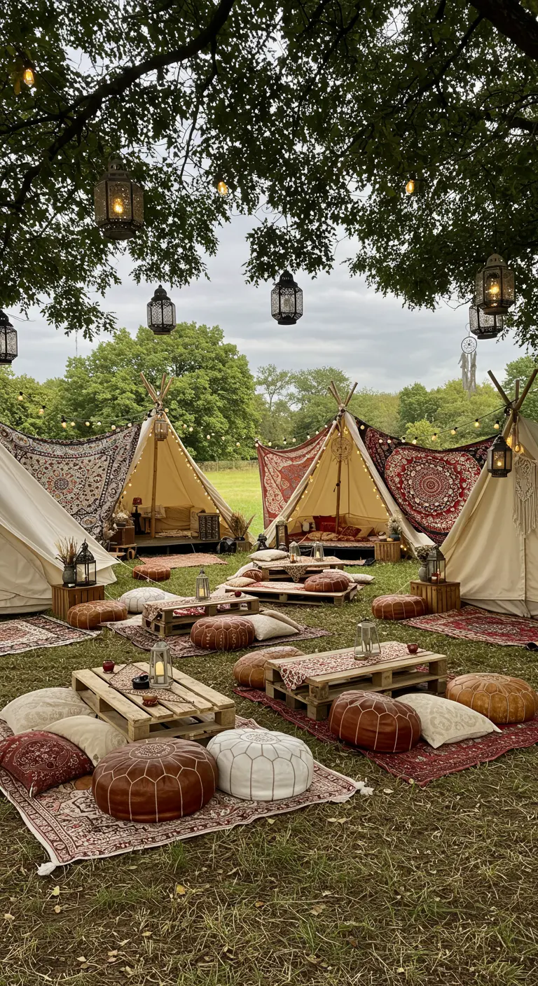 Bohemian filmkamp met tipitenten, Marokkaanse tapijten, poefs en hangende lantaarns.