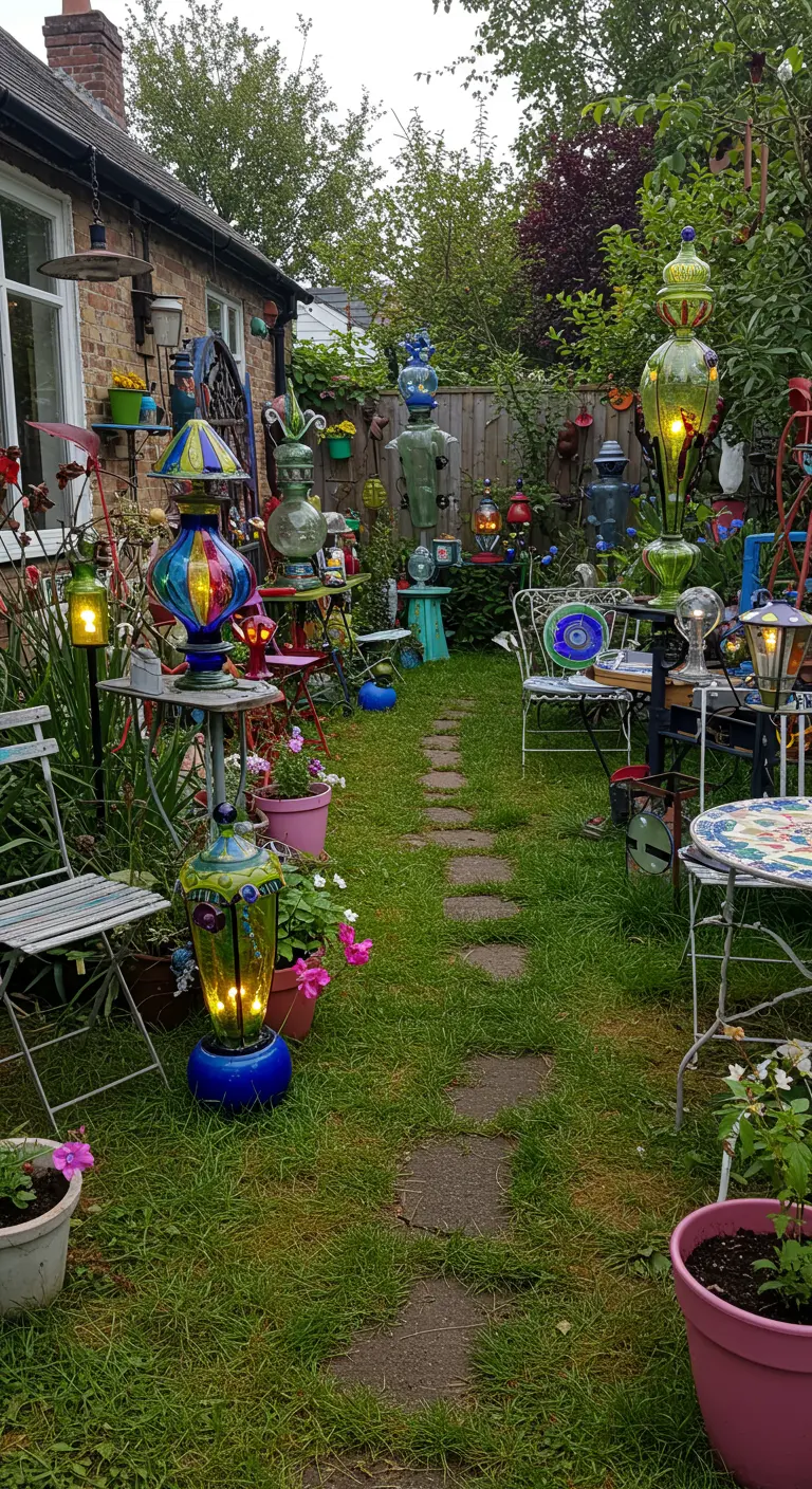 Eclectische tuin vol planten en diverse glazen lampen en decoraties in verschillende vormen en kleuren, verspreid over het gras.