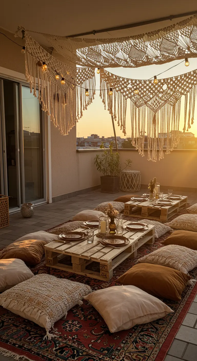 Balkon met een picknicksetting op de vloer met pallets, kussens en een macramé-hemel.