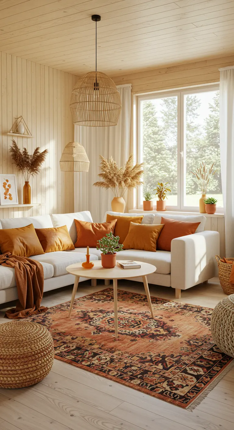 Bohemian woonkamer met oranje accenten, rieten lampen, veel planten en een kleurrijk vloerkleed.