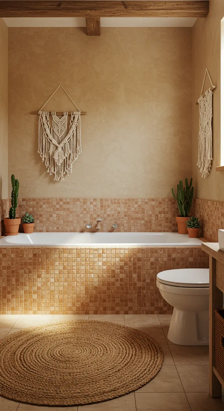 Bohemian badkamer met terracotta mozaïektegels, een rond jute kleed en macramé wanddecoratie.