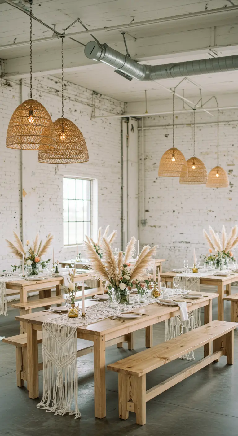 Industriële ruimte met witte bakstenen, rotan lampen en macramé decoratie.