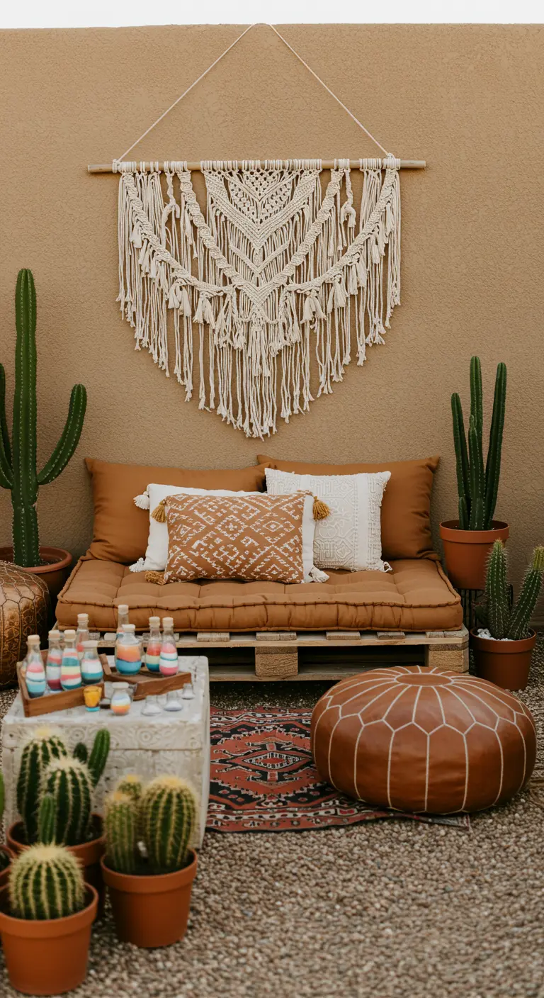 Boho kinderhoek met palletbank, macramé wandkleed en een zandkunst-activiteit.