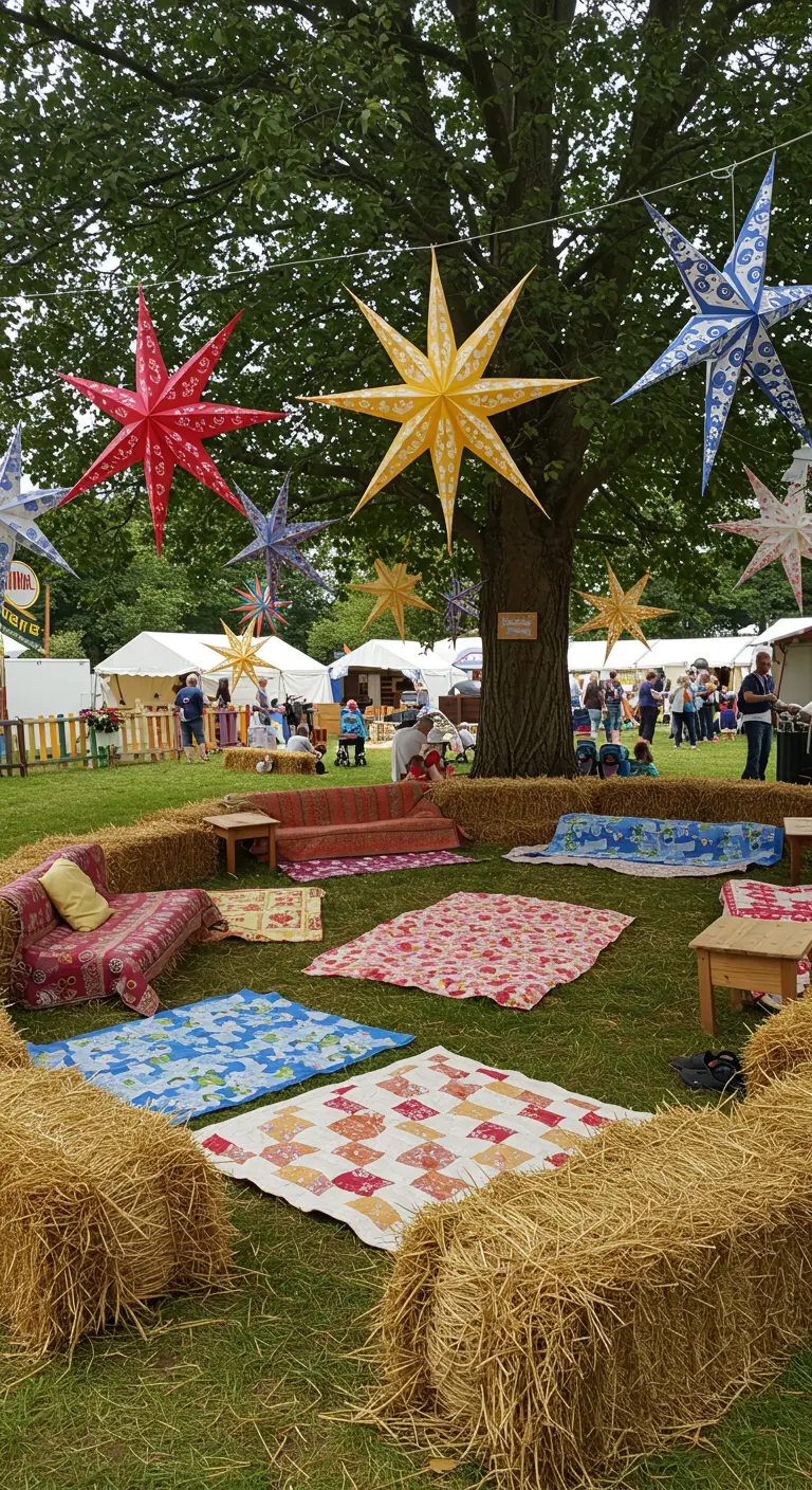 Loungehoek met hooibalen, kleedjes en gekleurde papieren sterren.