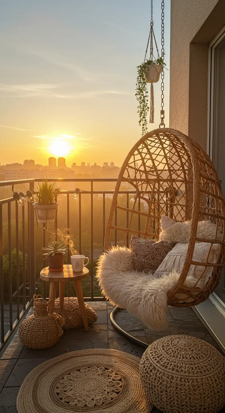 Rotan hangstoel op balkon met schapenvacht en kussens, bij zonsopgang boven stadsgezicht.