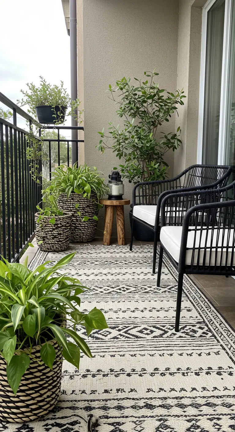 Balkon met een zwart-wit patroonkleed, rotan stoelen en planten in gevlochten manden.