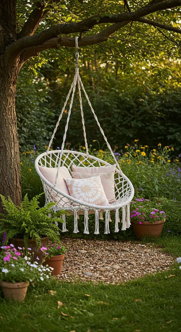 Witte macrame hangstoel met roze kussens onder een boom in een weelderige tuin.