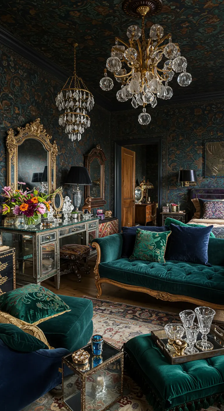 Slaapkamer met donker, patroonrijk behang, groene fluwelen sofa, gouden spiegels en kristallen kroonluchters.