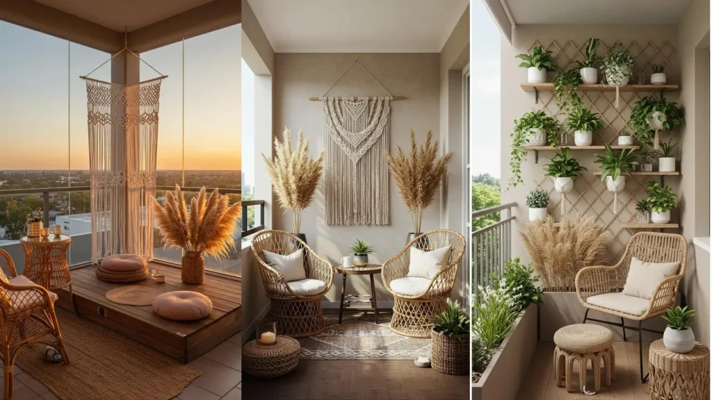 Boho balkons met rotan meubels, pampasgras, macrame decoraties en planten voor een relaxte sfeer.
