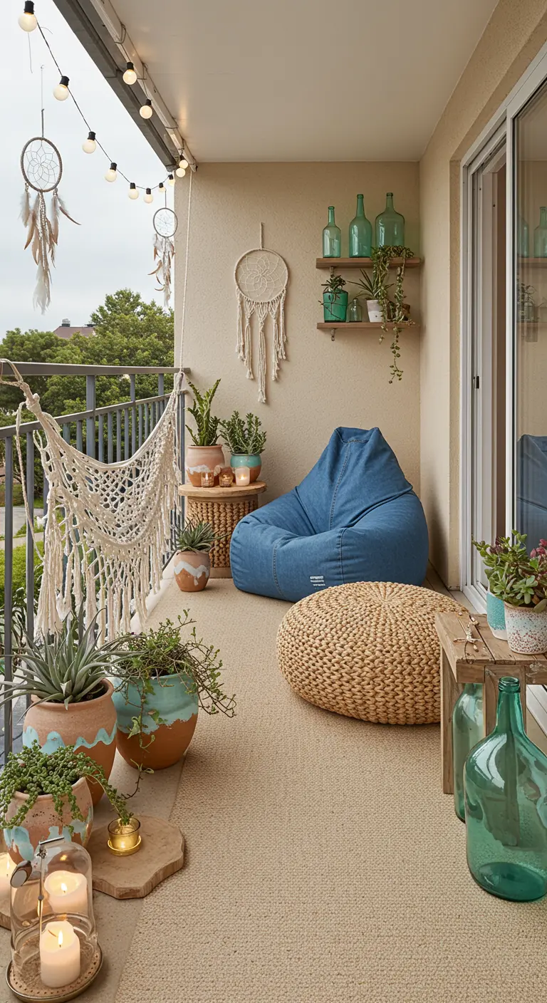 Balkon met macrame hangmat, zitzak, dromenvangers, lichtslingers en planten in potten.