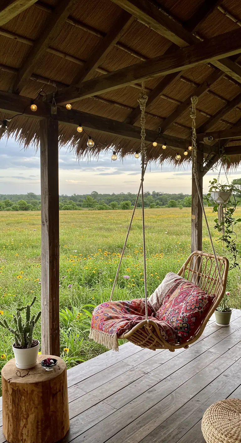 Rotan hangstoel op houten veranda met kleurrijke kussens, boho decor, groen veld.