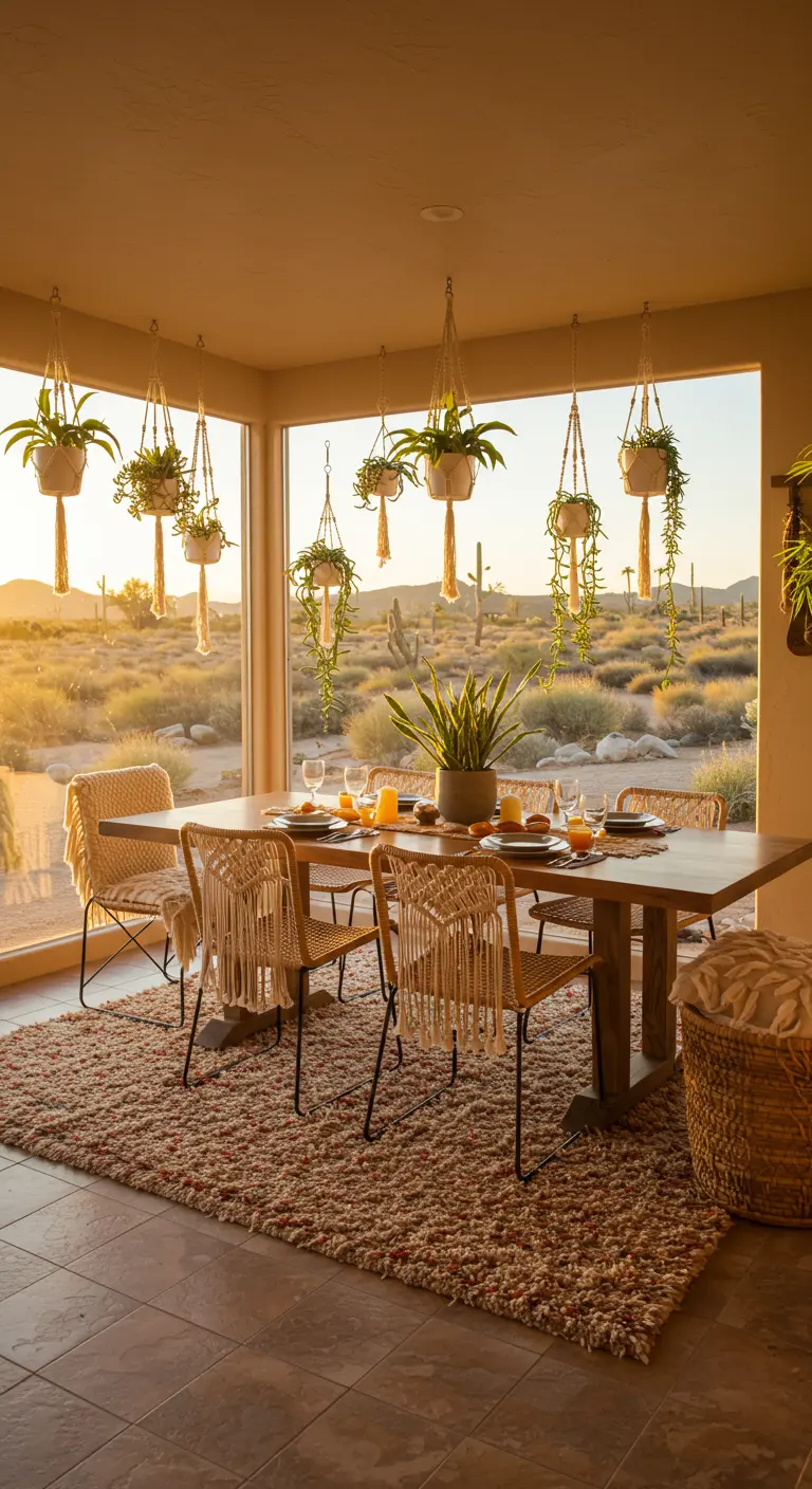 Eethoek in boho-stijl met macramé stoelen en hangplanten, uitkijkend over een woestijnlandschap.