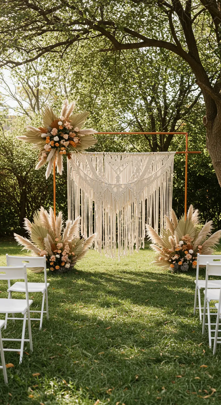 Macrame backdrop met pampasgras voor een buitenceremonie.