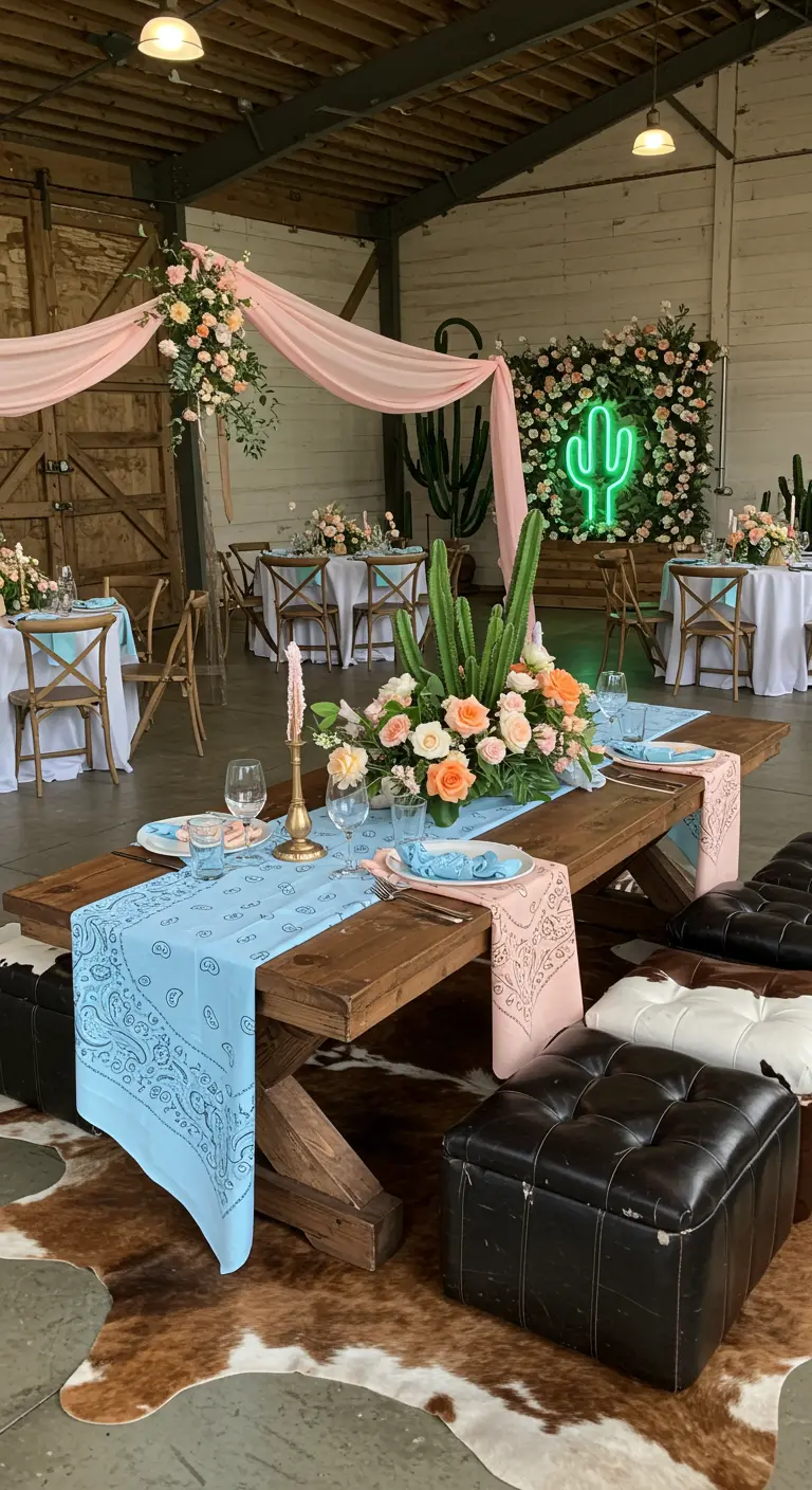 Feestsetting met houten tafel, lichtblauwe bandana loper en een bloemenwand met neon cactus.