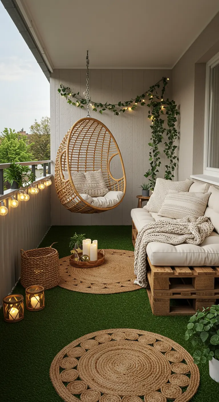 Knus balkon met kunstgras, palletbank, hangstoel en jute kleden.