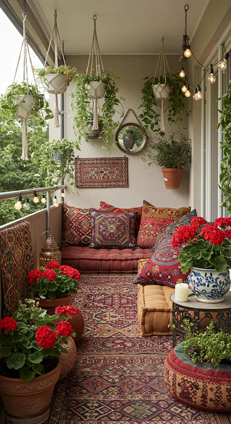 Boho balkon met vloerkleed, kussens, macramé plantenhangers en rode geraniums.