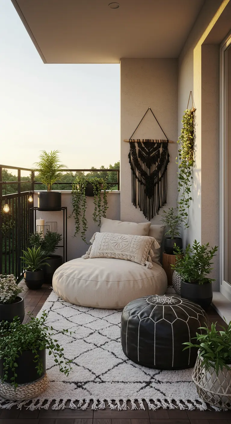 Boho balkon met een groot rond vloerkussen, zwarte poef en veel planten.