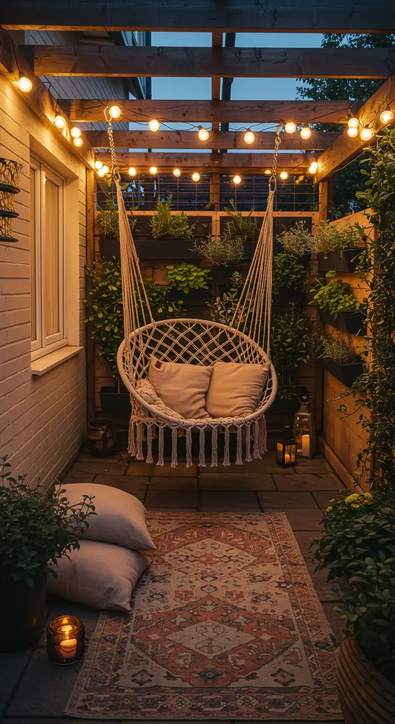 Witte macramé hangstoel onder een pergola met lichtslingers in een knusse stadstuin.
