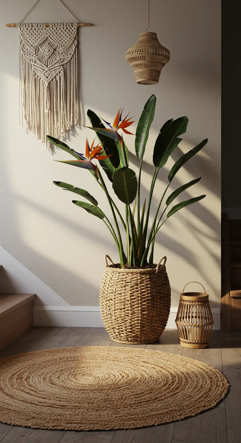 Bohemian hoek met een grote plant in een rieten mand, jute kleed en macramé wandhanger.