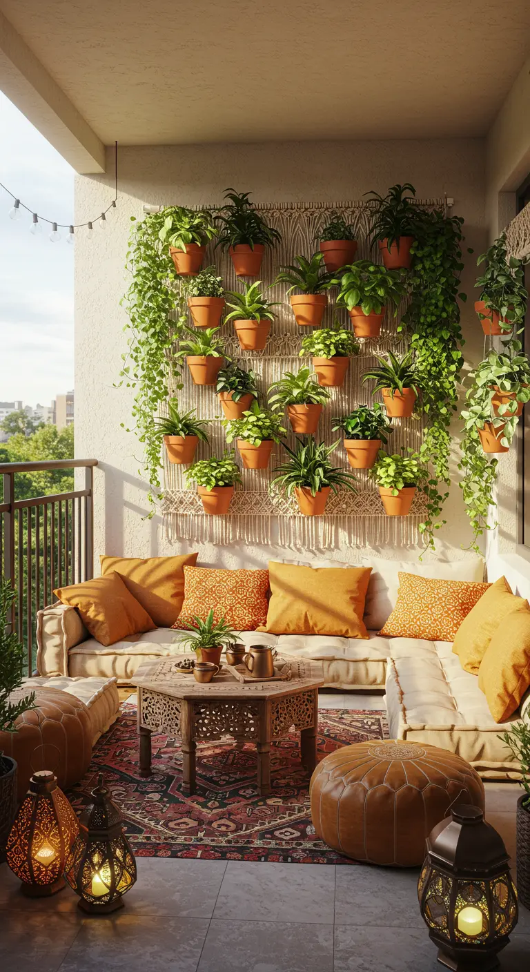 Balkon in bohostijl met verticale plantenwand van macramé en terracotta potten vol kruiden.