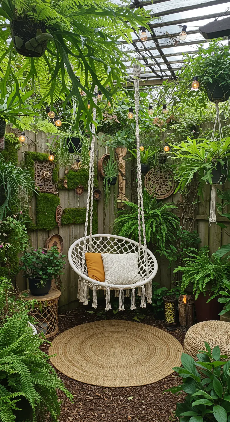 Witte macrame hangstoel met kussens, omringd door varens, jute kleed en lichtslingers.