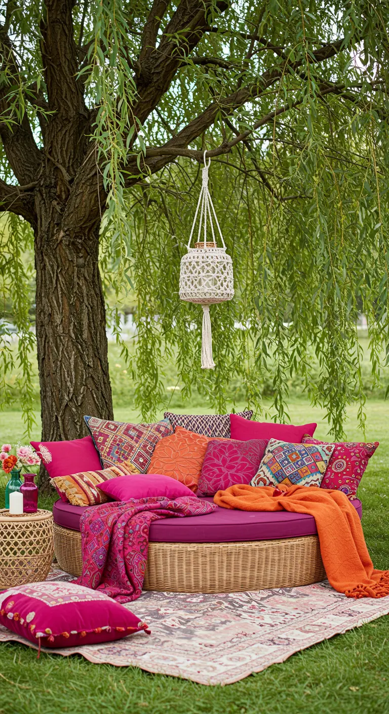 Rond daybed onder een wilgenboom, vol met kleurrijke kussens en plaids in boho-stijl.
