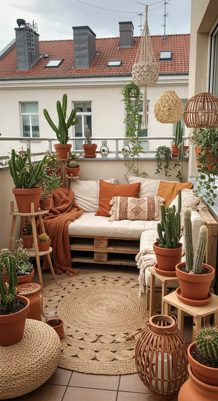 Boho balkon met palletbank, jute kleed, macrame hangers en terracotta potten met cactussen.