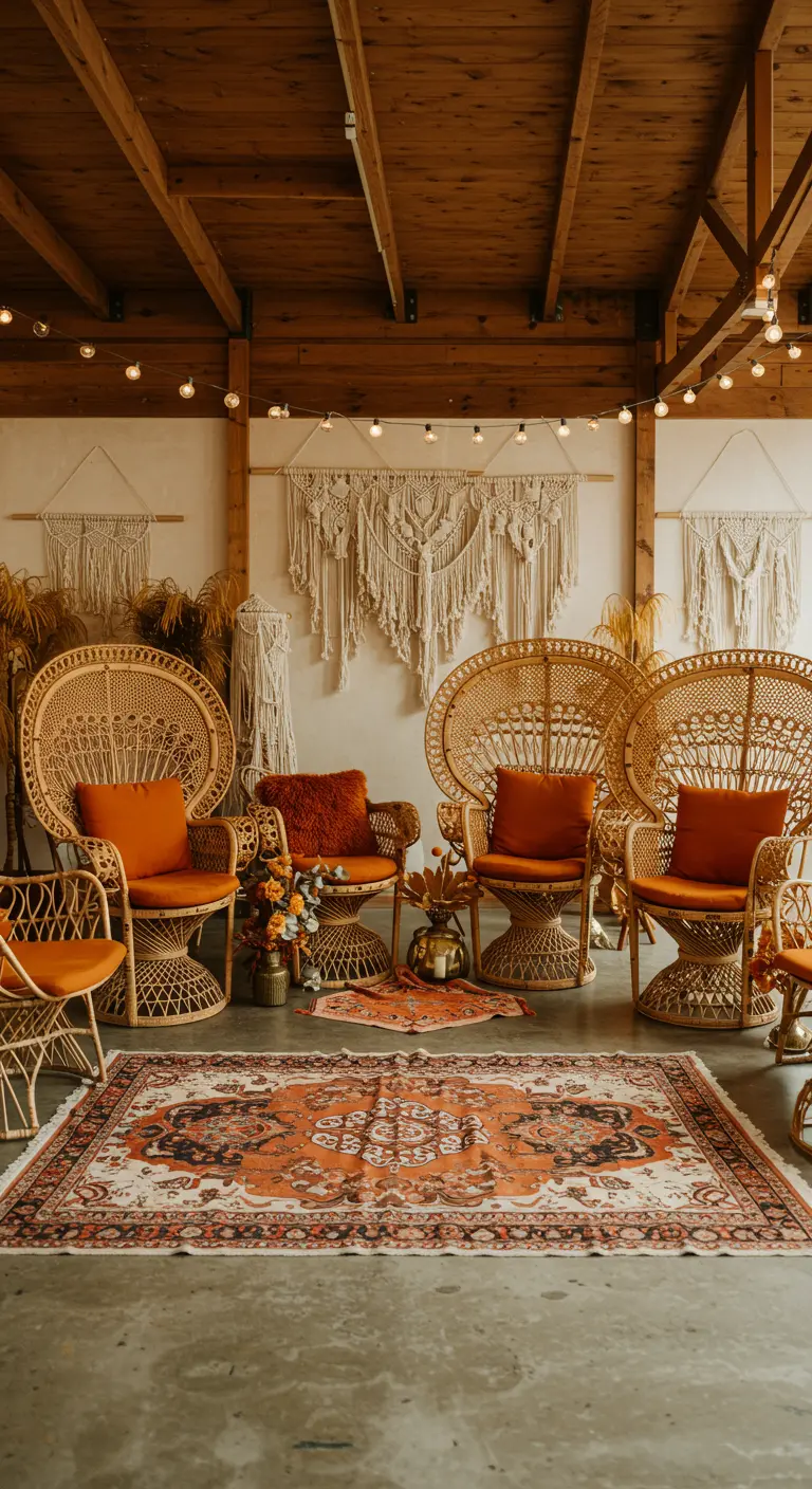Bohemian loungehoek met rotan peacock chairs, macramé en een Perzisch tapijt.