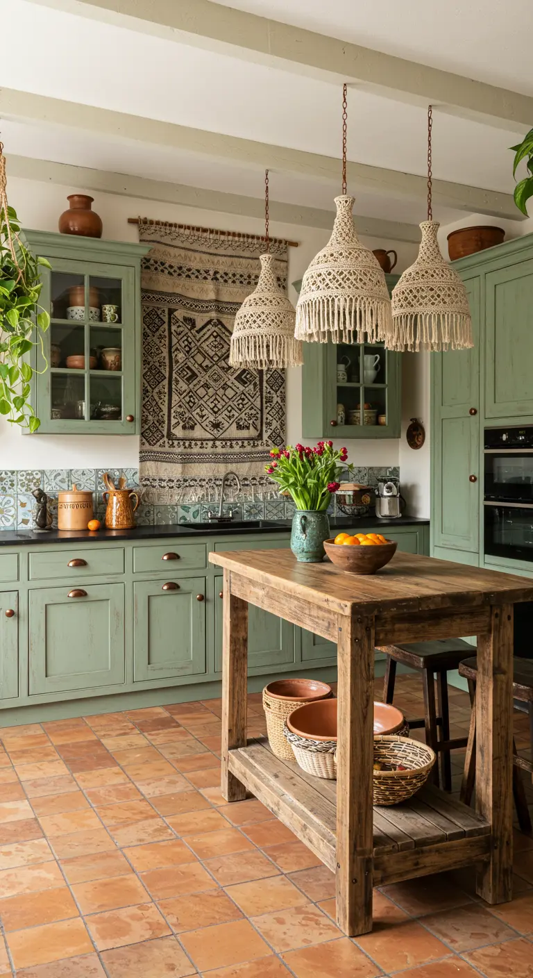 Boho keuken met groengrijze kasten, geweven wandkleed, houten eiland en rotan hanglampen.