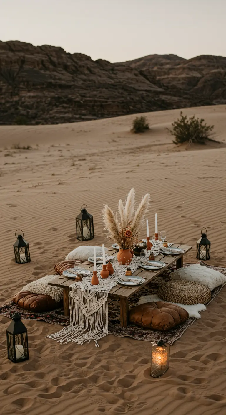 Lage tafel in zandduinen met pampasgras, kussens en lantaarns bij zonsondergang.