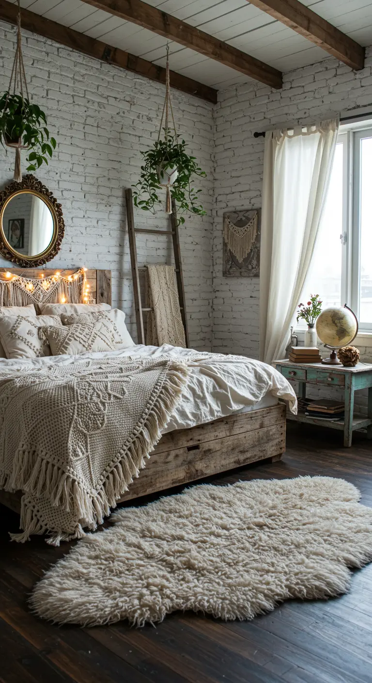 Boho shabby-chic slaapkamer met witte bakstenen, hangplanten en macrame decoratie.