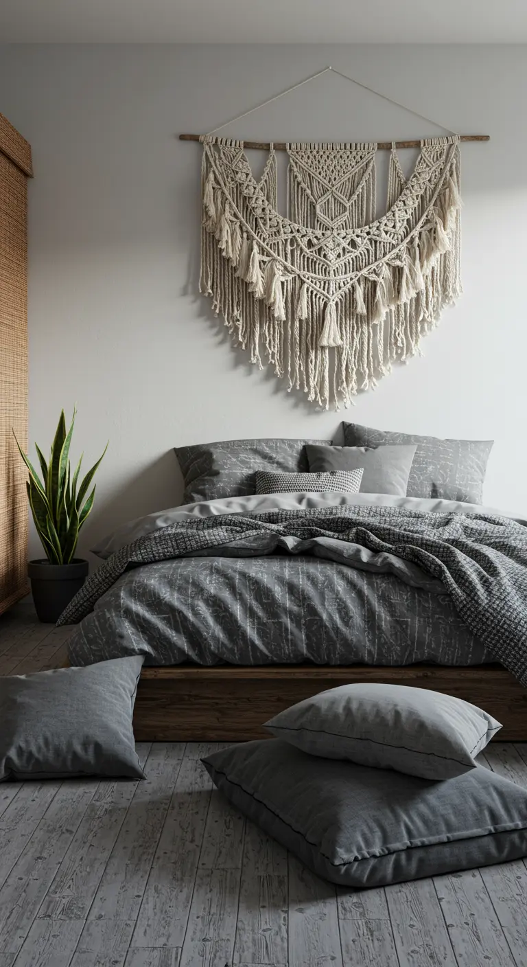 Grijze slaapkamer met een groot macramé wandkleed boven het bed en kussens op de grond.