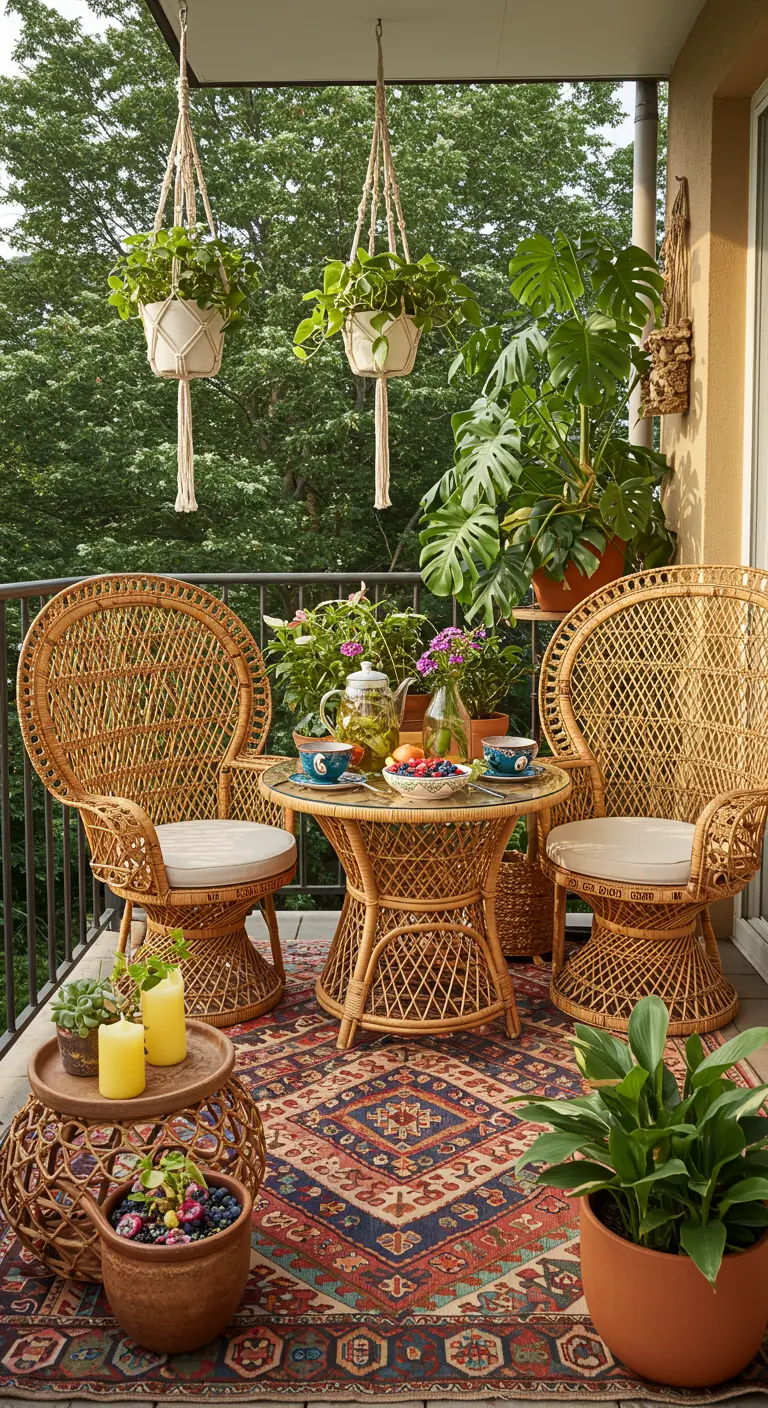 Bohemian balkon met rotan stoelen, een Perzisch tapijt en veel hangplanten.