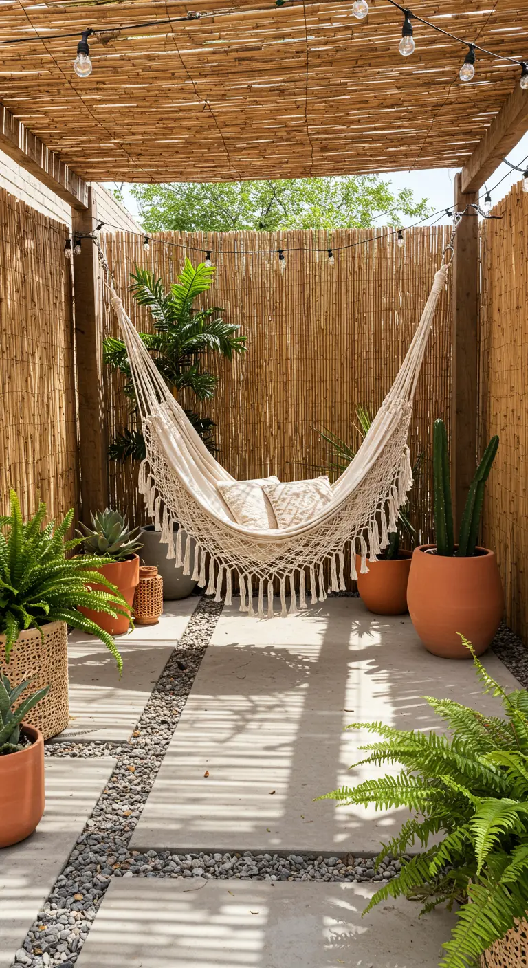 Boheemse tuin met macramé hangmat, bamboe pergola, terracotta potten en lichtslingers.