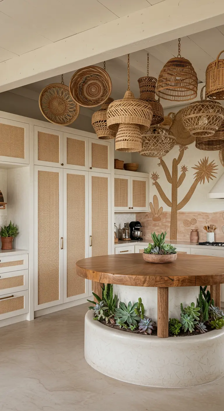 Boho keuken met rotan en witte kasten, rond eiland met planten en geweven manden aan het plafond.