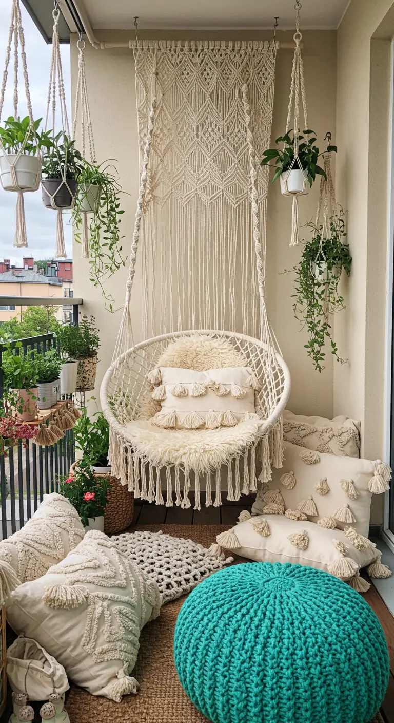 Boho-balkon met macramé hangstoel, wandkleed, veel witte kussens en een turquoise poef.