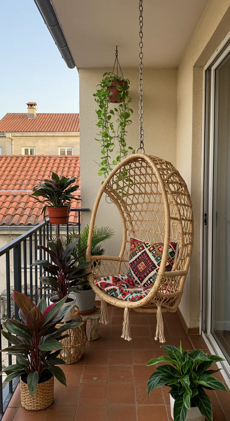Rotan hangstoel met een kleurrijk kussen op een klein balkon met veel groene planten.