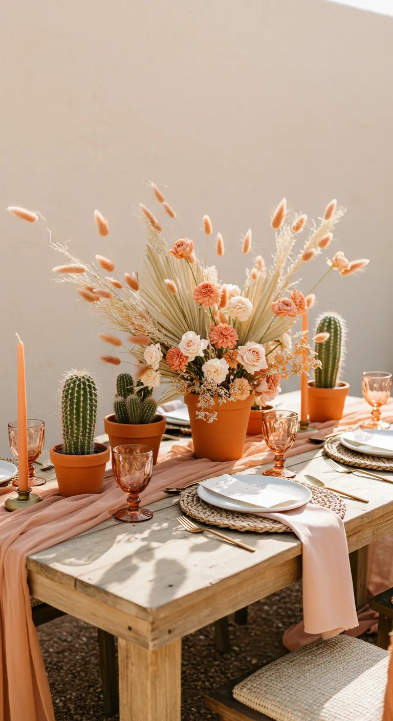 Tafel in woestijnstijl met terracotta potten, cactussen en droogbloemen.