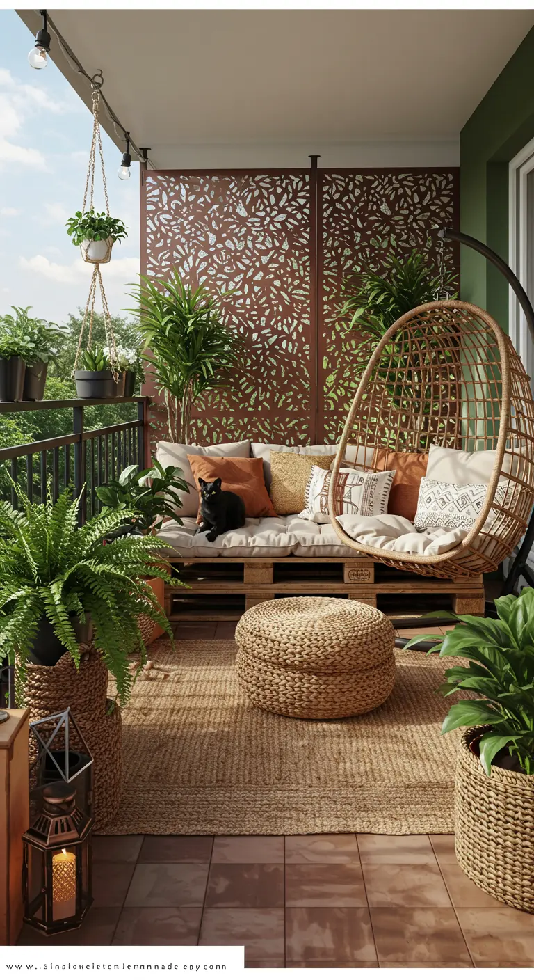Zwarte kat op een palletbank op een bohemian balkon met hangstoel en planten.