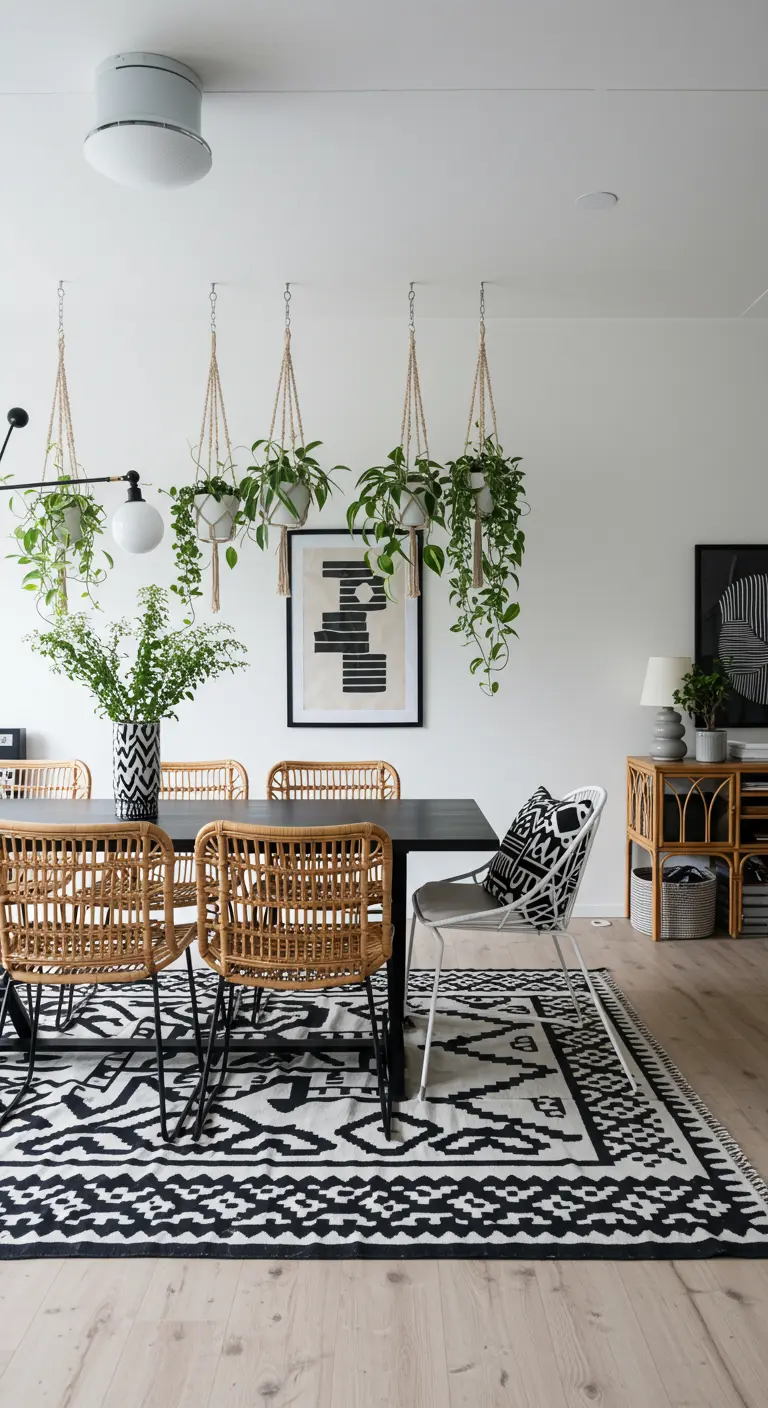 Moderne eetkamer met rotan stoelen, een zwart-wit tapijt en hangplanten in macramé hangers.