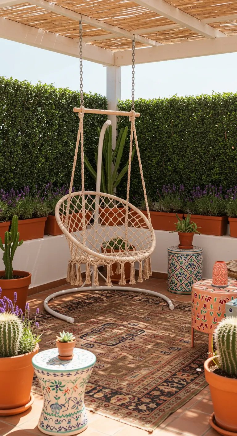 Macramé hangstoel met standaard op terras met Perzisch kleed en Marokkaanse bijzettafels.