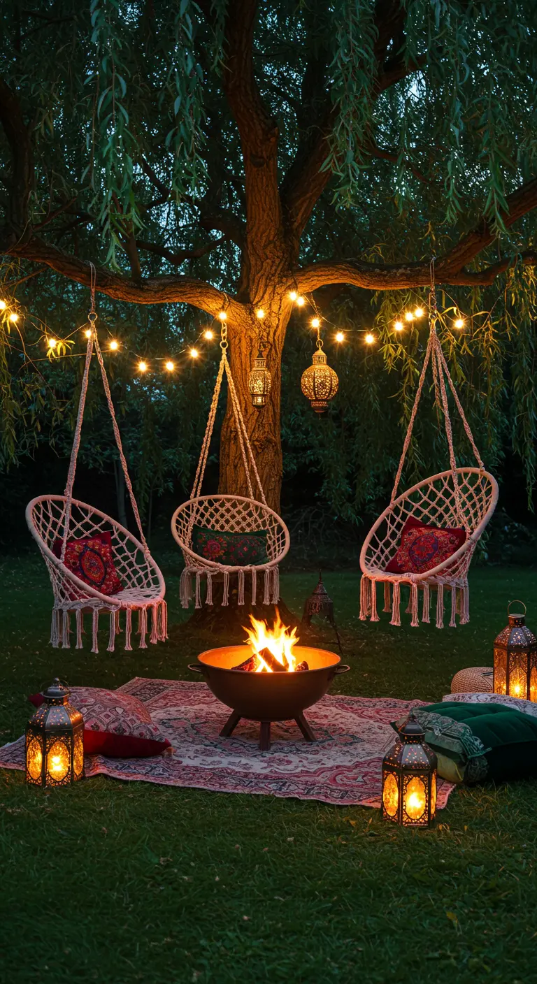 Drie macramé hangstoelen onder een boom, rond een vuurschaal op een Perzisch tapijt.