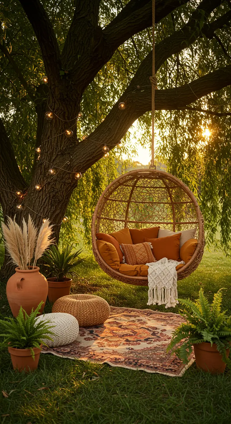 Grote rotan hangstoel voor twee in een tuin met pampasgras en een vintage kleed.