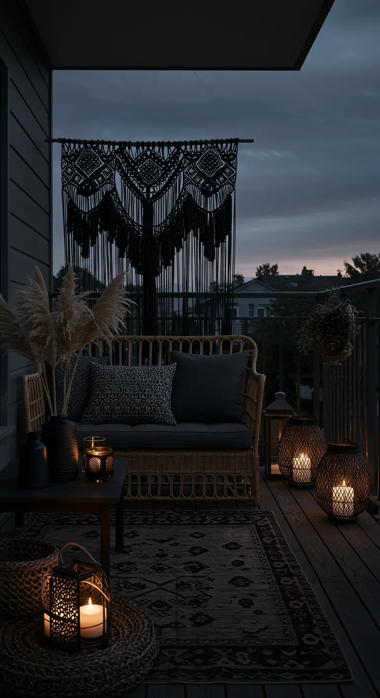 Donker boho balkon met zwart macramé, rotan bank en sfeervolle lantaarns.