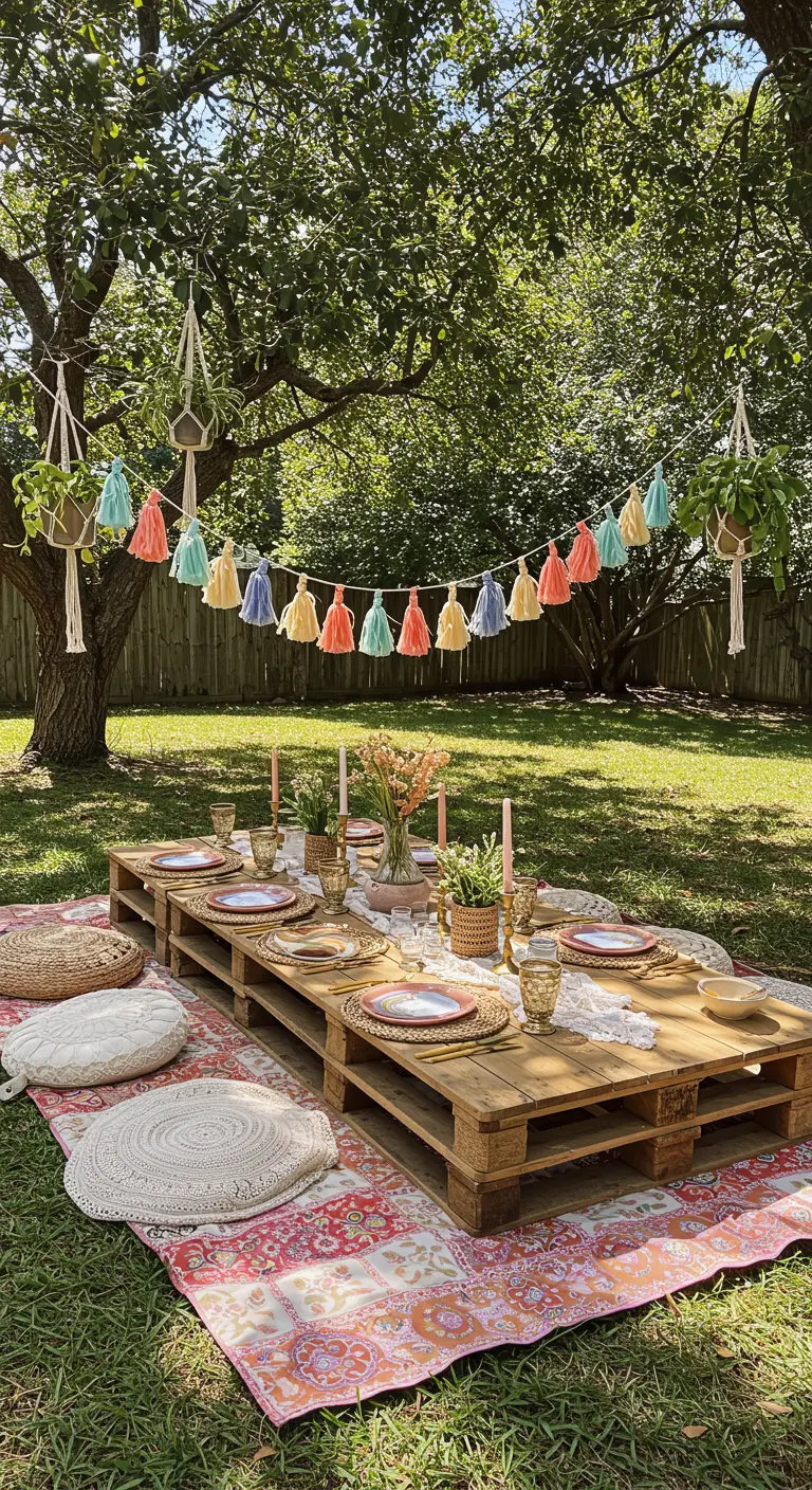 Tuinpicknick met een lage houten tafel, kussens en een slinger van pastelkleurige kwastjes.