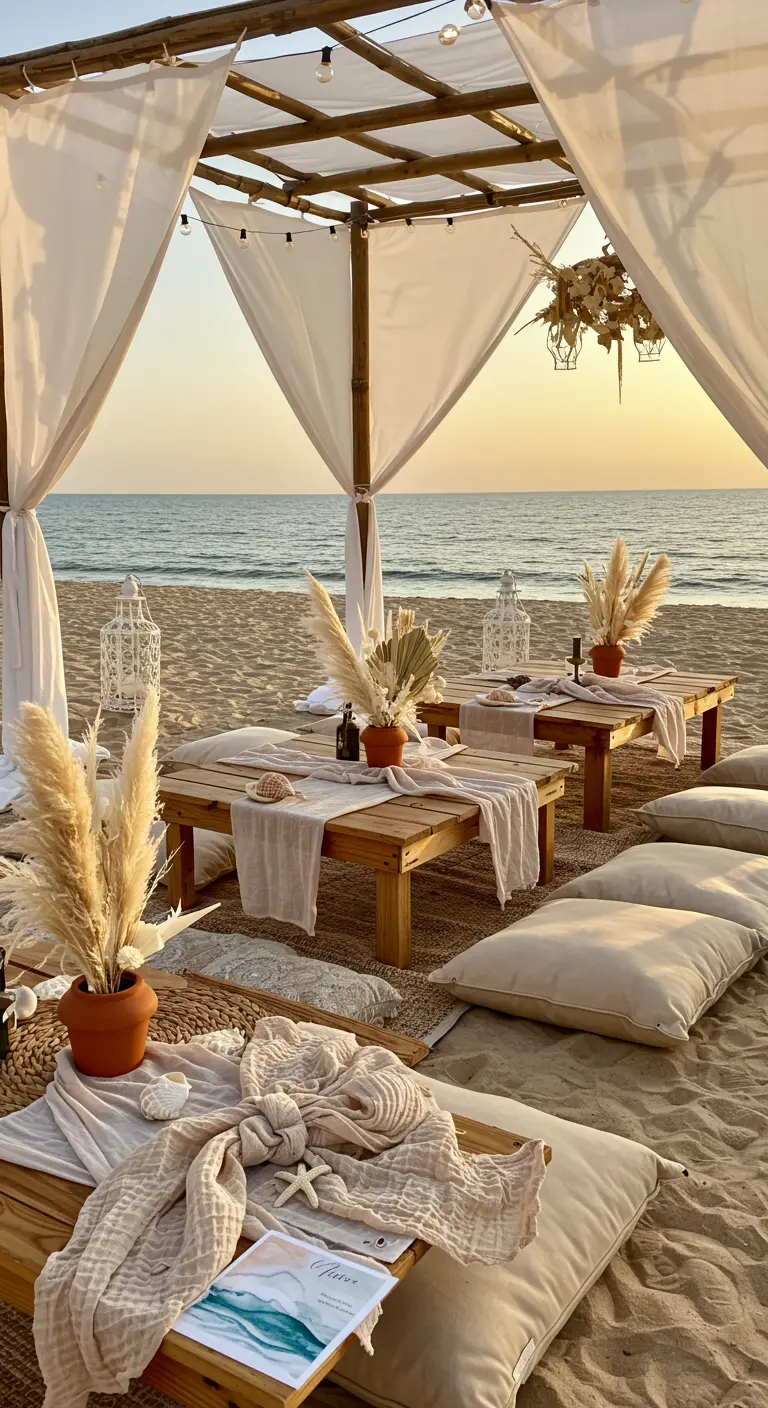 Beach wedding with low wooden tables, cushions, pampas grass, and white drapes.