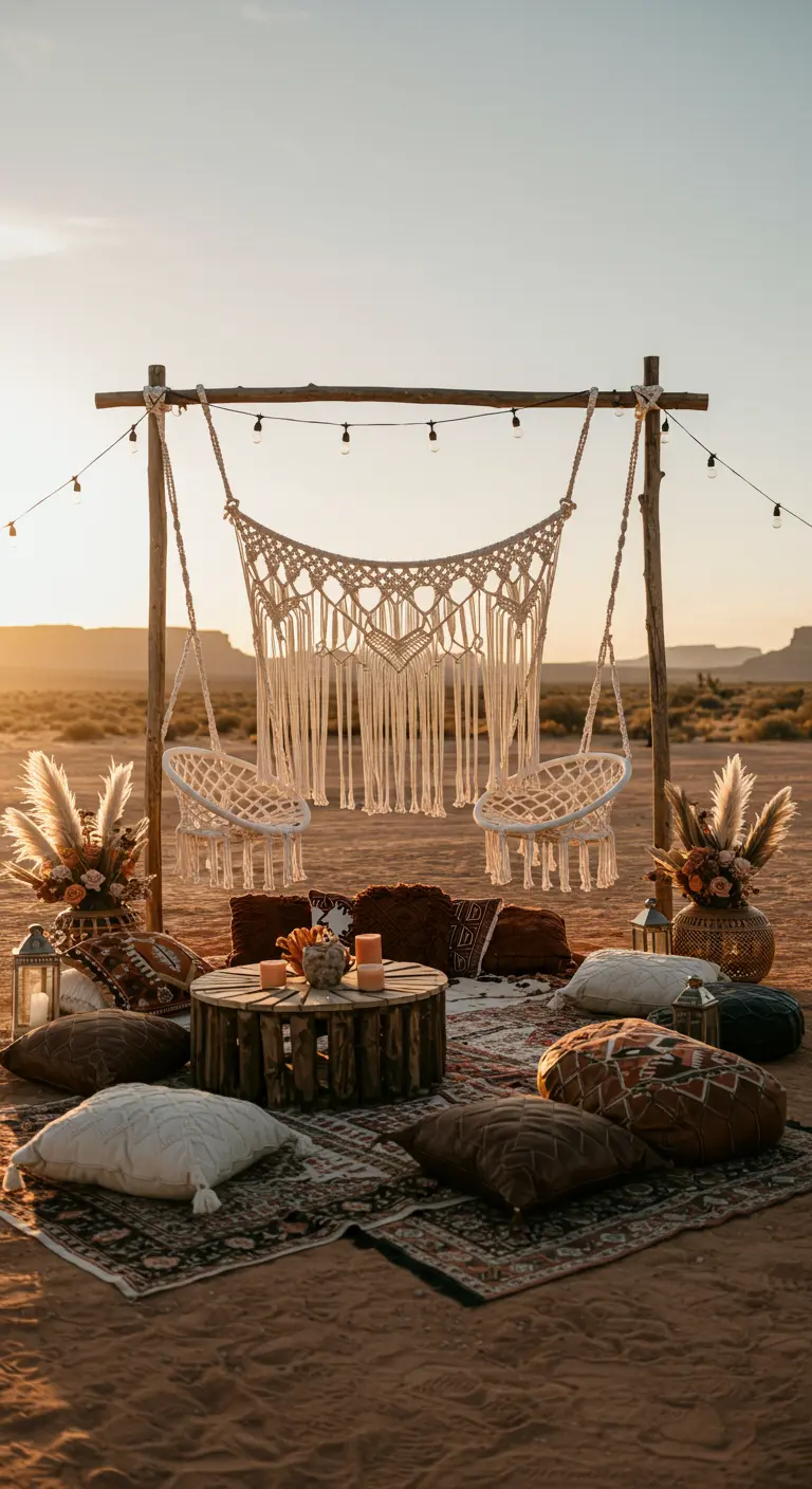 Woestijn ceremonie lounge met macrame schommels, lage tafels en kleurrijke kussens.