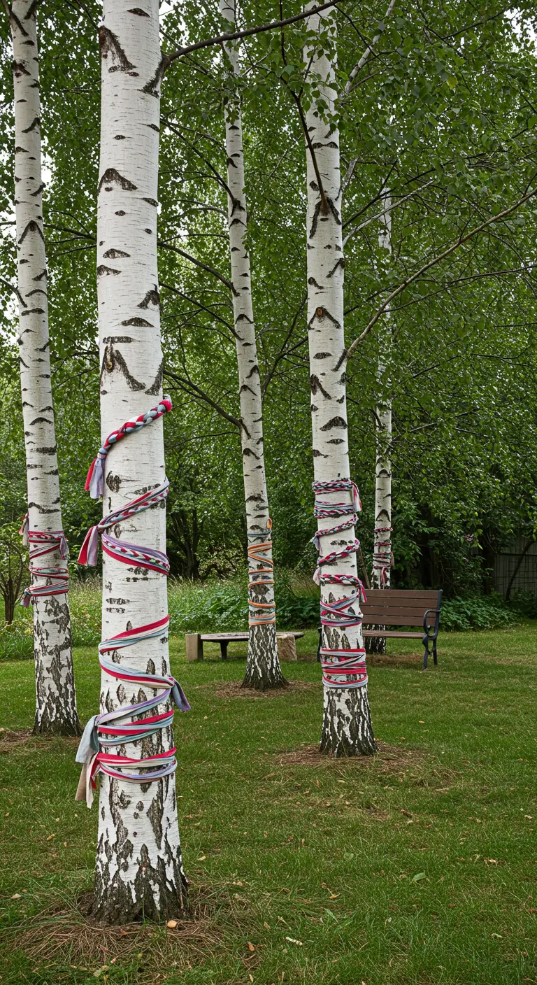 Berkenbomen in een tuin, speels omwikkeld met gevlochten, kleurrijke repen stof.