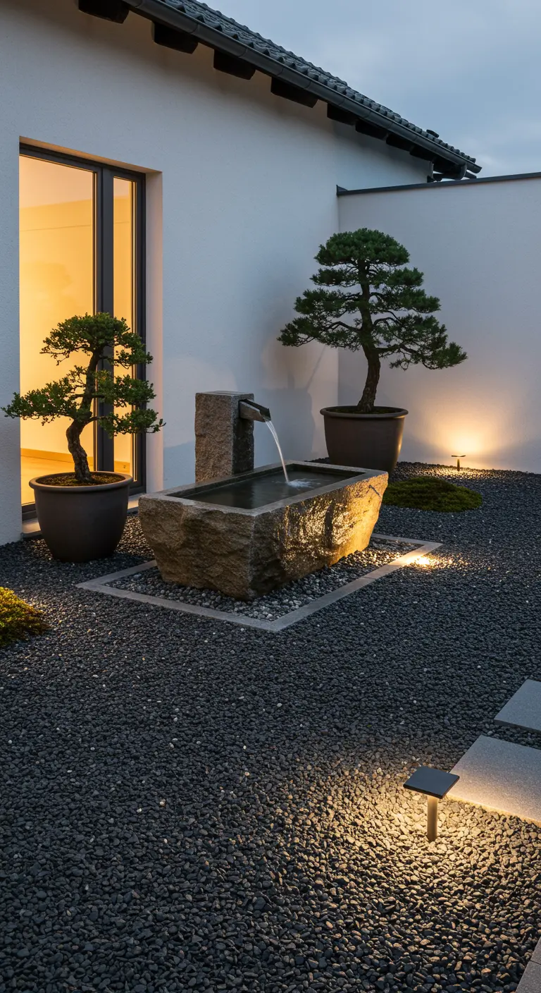 Compacte tuin met zwart grind, bonsaibomen, stenen waterpartij en verlichting.