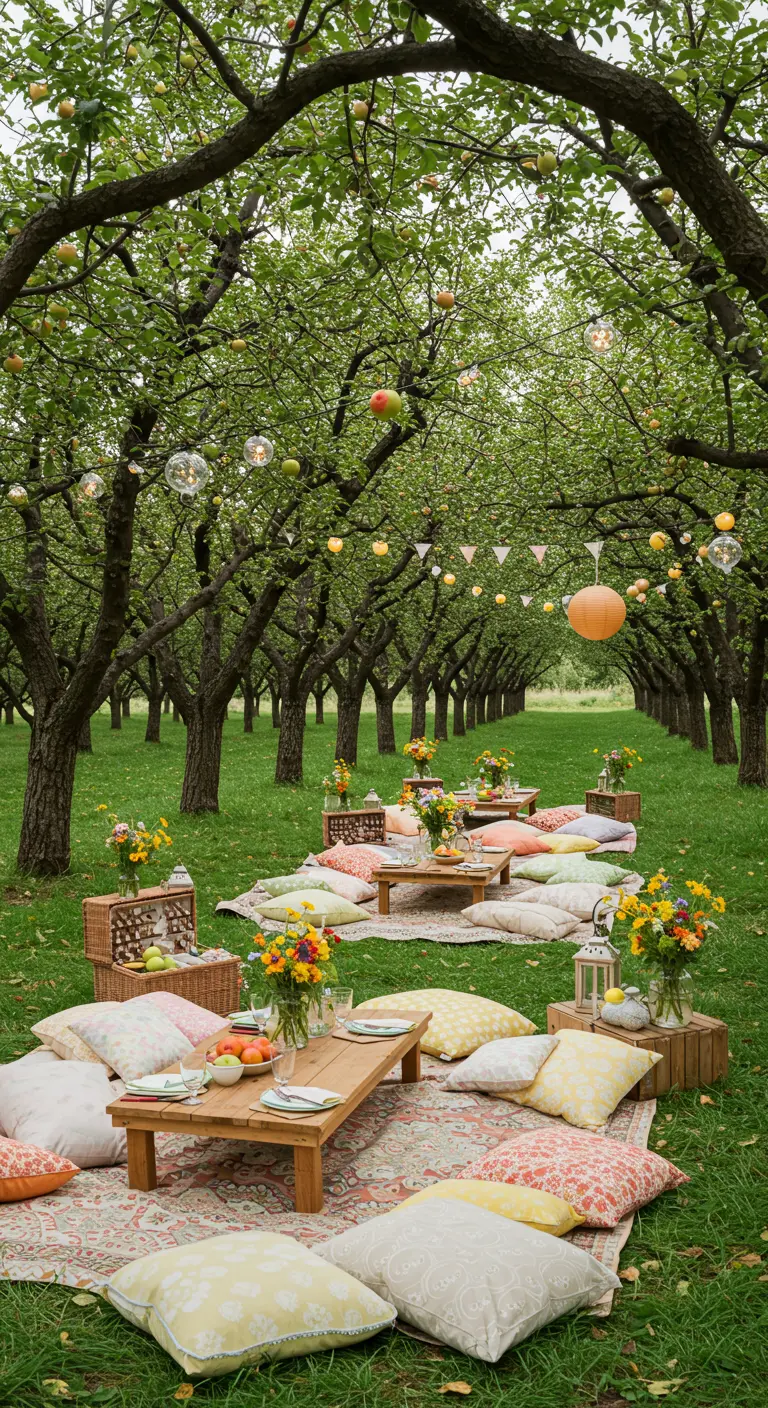 Boomgaard picknick met lage tafels, kleurrijke kussens en fruitdecoraties.